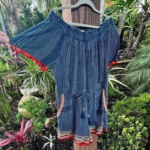 ANTHRO blue romper off the shoulder with embroidery red pompoms sz Large - Picture 12 of 13
